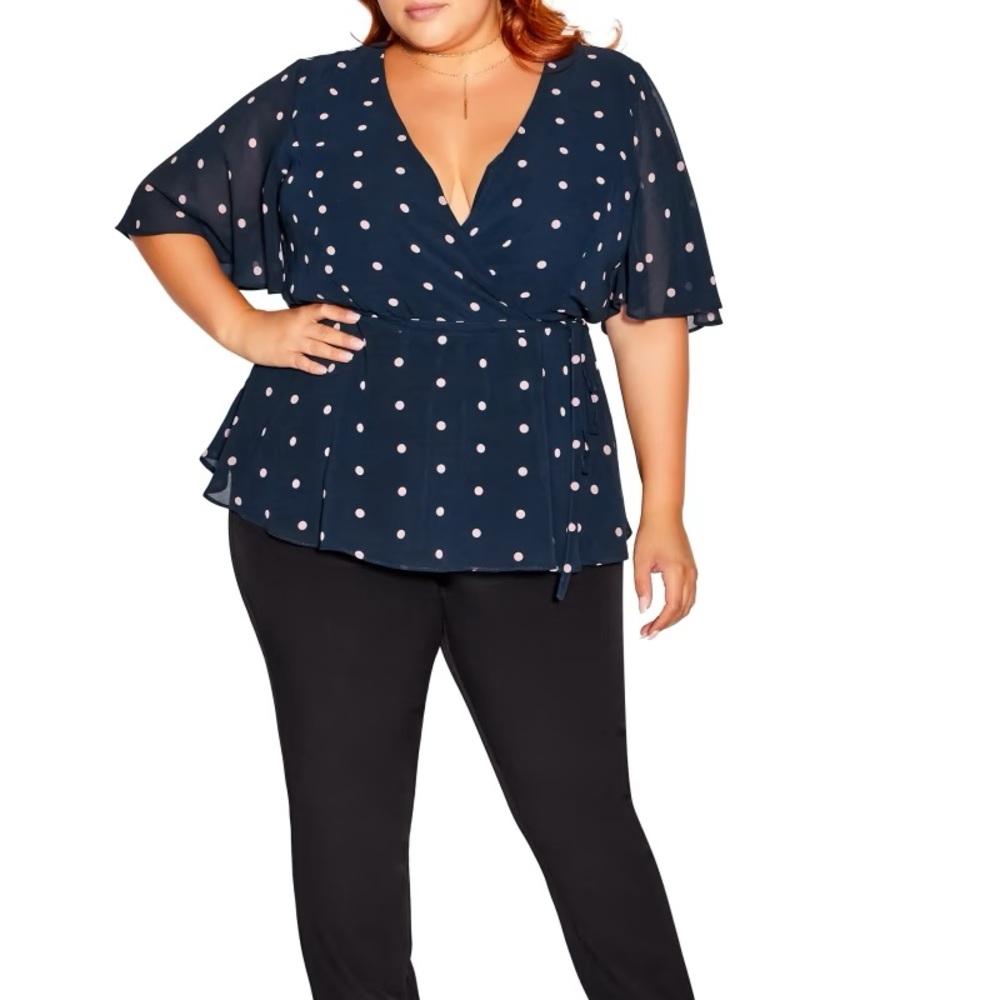 Flutter Sleeve Wrap Top/Navy with Pink Polkadots/Size 16